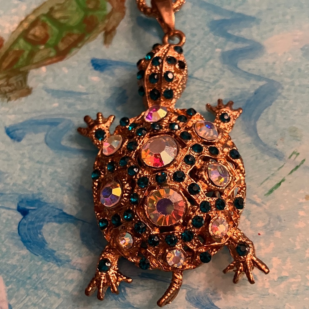 Sparkling Gold and Multicolor Turtle Necklace
